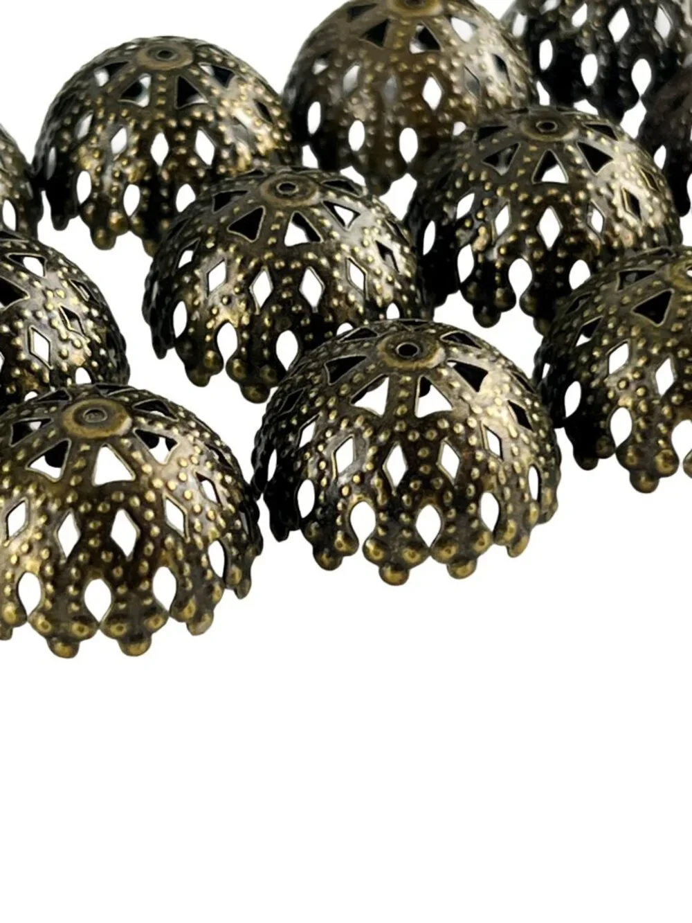 Lot of 12 Large Dome Filigree Bead Caps Antique Bronze - Jewelry Findings
